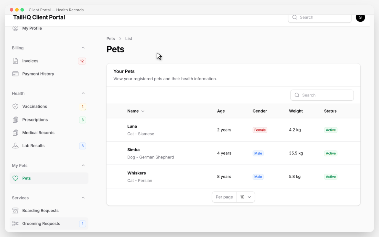 Pet health records and vaccinations