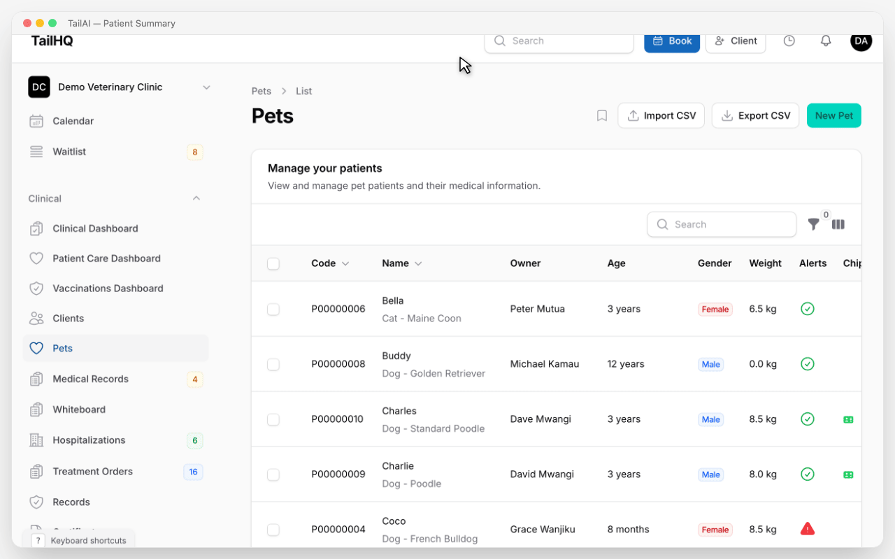 TailAI Patient Summary with search